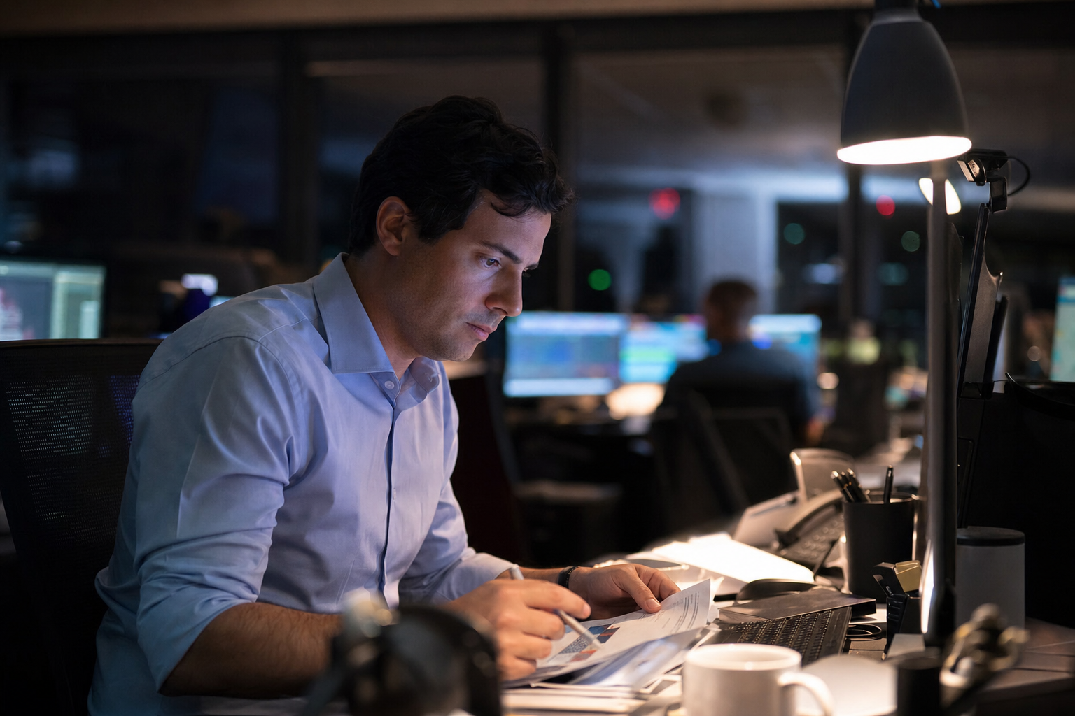 Photograph of a financial district and trading environment illustrating the insider-trading story
