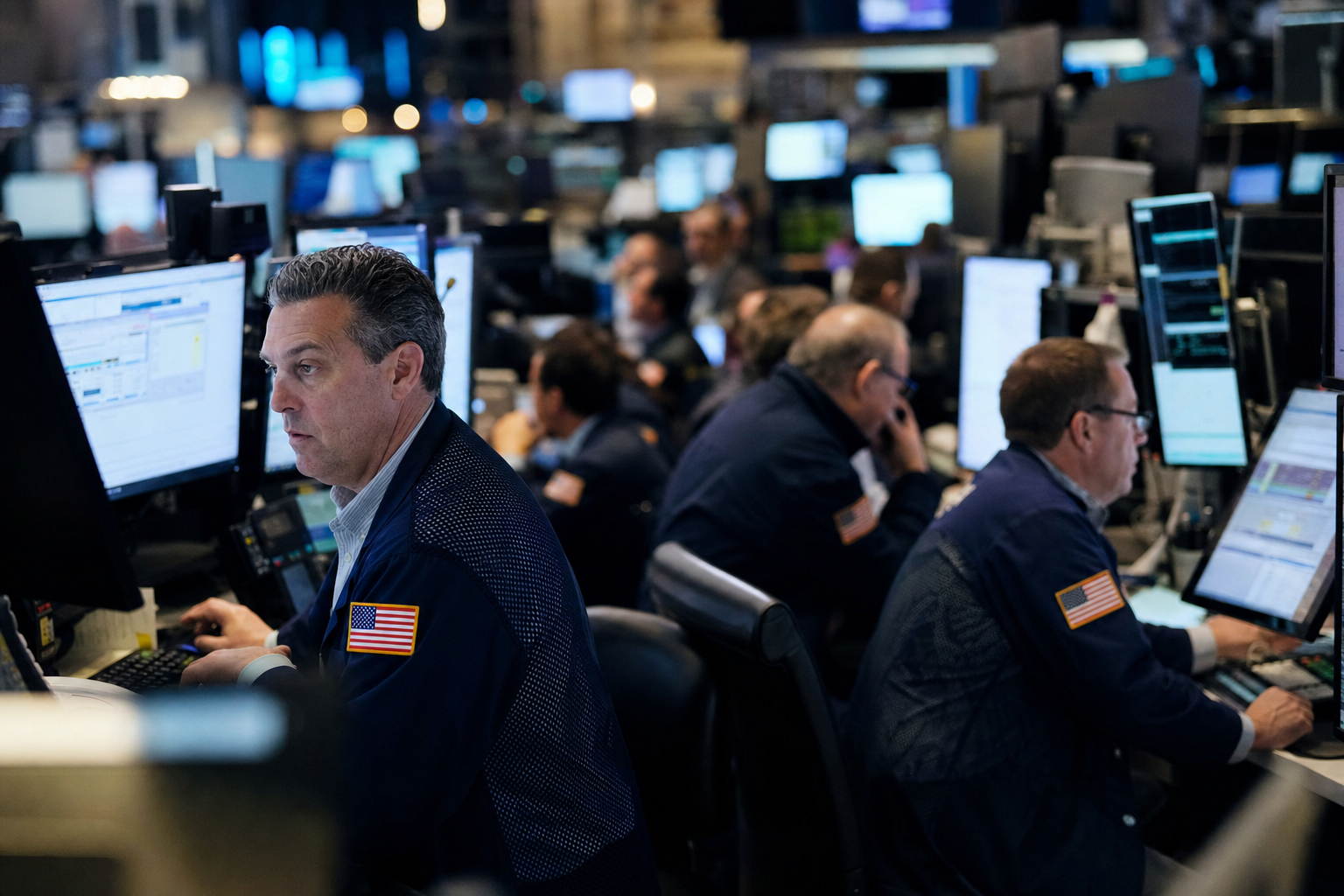 Photograph of a financial district and trading environment illustrating the insider-trading story